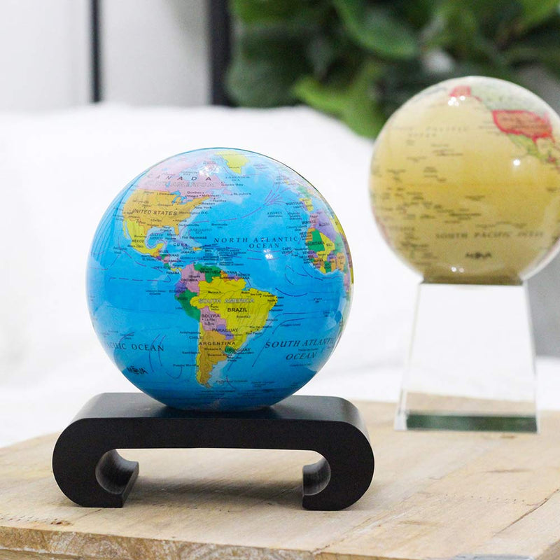 Mova Globe Political Map Blue 8.5 inch with Mova antique globe in the background