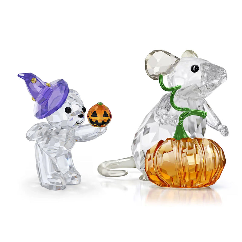 Crystal Halloween figurines: bear with orange pumpkin and dog in purple hat