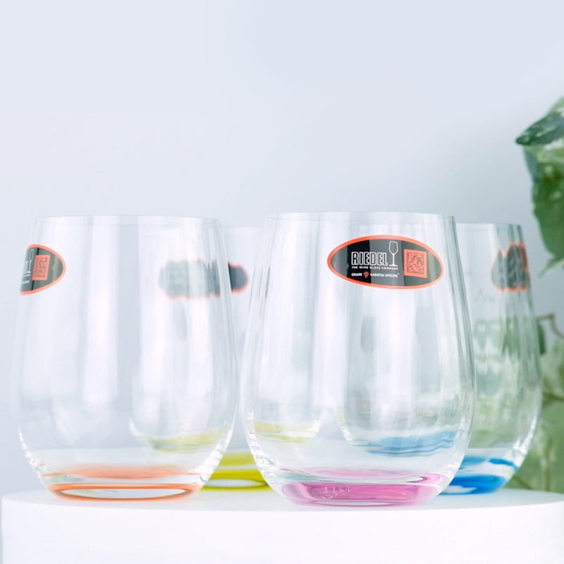 Riedel Happy O Optical Set of Four Tumblers next to a plant