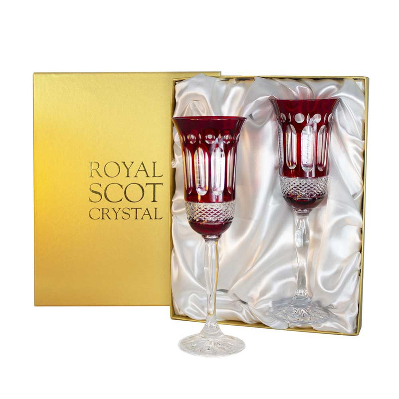 Royal Scot Crystal Belgravia 2 Ruby Red Champagne Flutes