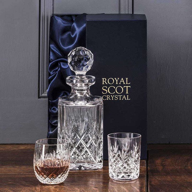 Royal Scot Crystal Edinburgh Gin & Tonic Tumbler displayed with another Royal Scot Crystal glass and Royal Scot Crystal Decanter