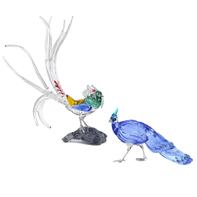 Crystal bird figurine set with two decorative birds in blue and multicolor accents