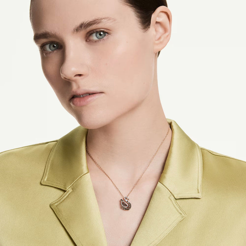 Swarovski Swan pendant, Mixed cuts, Swan, Black, 18K rose gold finish