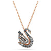 Swarovski Swan pendant, Mixed cuts, Swan, Black, 18K rose gold finish