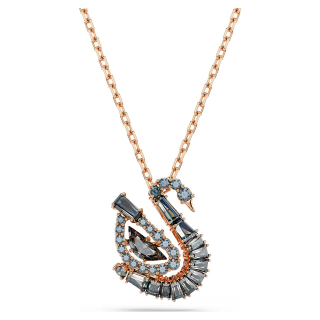 Swarovski Swan pendant, Mixed cuts, Swan, Black, 18K rose gold finish