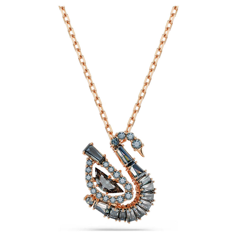 Swarovski Swan pendant, Mixed cuts, Swan, Black, 18K rose gold finish