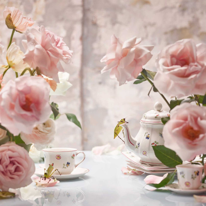 Villeroy & Boch Petite Fleur 17cm Breakfast Cup Saucer with a Villeroy & Boch Petite Fleur tea cup and tea pot with roses