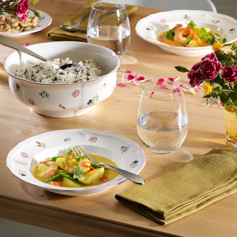 Villeroy & Boch Petite Fleur 20cm Deep Plate on a dining table with Villeroy & Boch Petite Fleur bowl