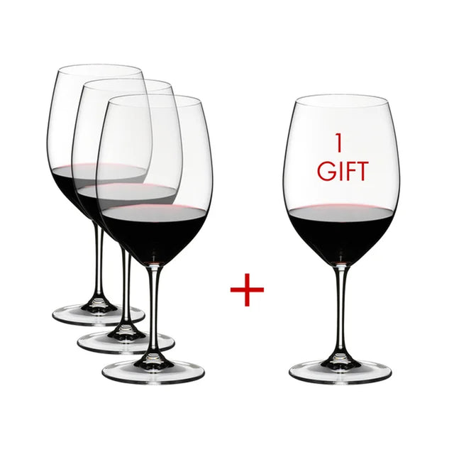 RIEDEL Vinum stemmed Cabernet/Merlot wine glasses, clear bowls, set with dark red wine