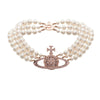 Vivienne Westwood Three Row Pearl Bas Relief Gold Necklace, Rose Gold Plated