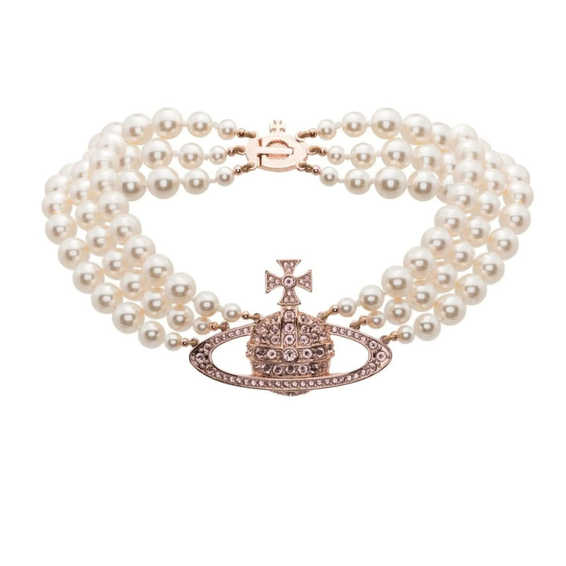 Vivienne Westwood Three Row Pearl Bas Relief Gold Necklace, Rose Gold Plated