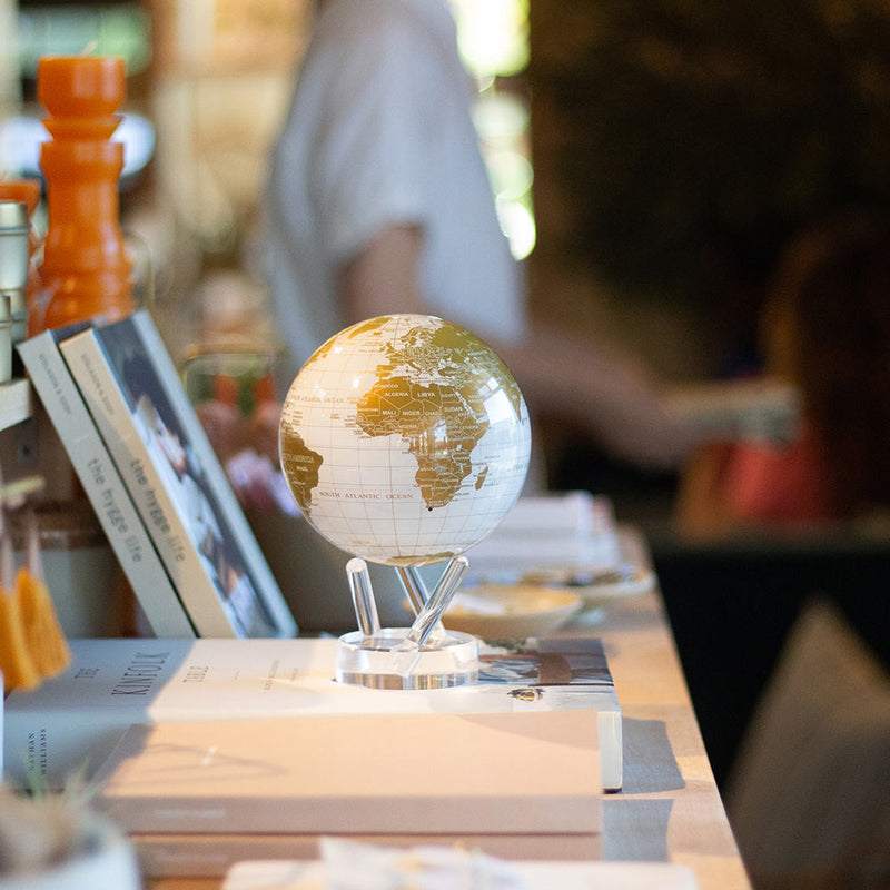 White and gold Mova globe 6 inch