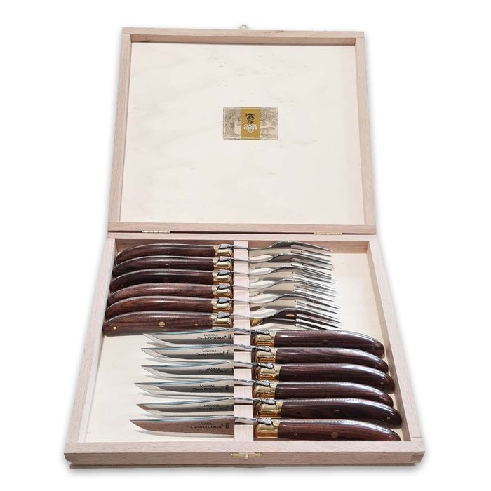 Claude Dozorme Laguiole Steak Knives & Forks Exotic Wood 12 Piece Set