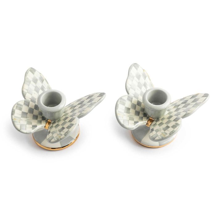 Mackenzie-Childs Sterling Check Butterfly Candle Holders, Set Of 2