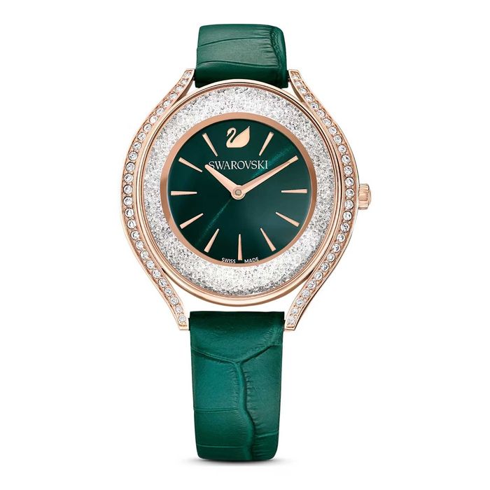 Swarovski Crystalline Aura Watch, Swiss Made, Leather Strap, Green, Rose Gold-Tone Finish