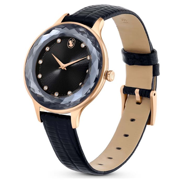 Swarovski Octea Nova Watch, Swiss Made, Leather Strap, Black, Rose Gold-tone Finish