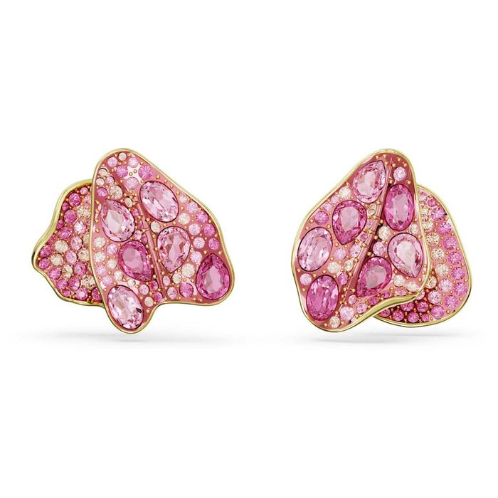 Swarovski Florere stud earrings, Asymmetrical design, Flower, Pink, Gold-tone plated