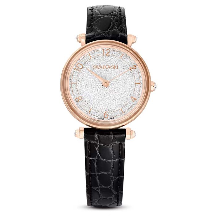 Swarovski Crystalline Wonder watch, Swiss Made, Leather strap, Black, Rose gold-tone finish