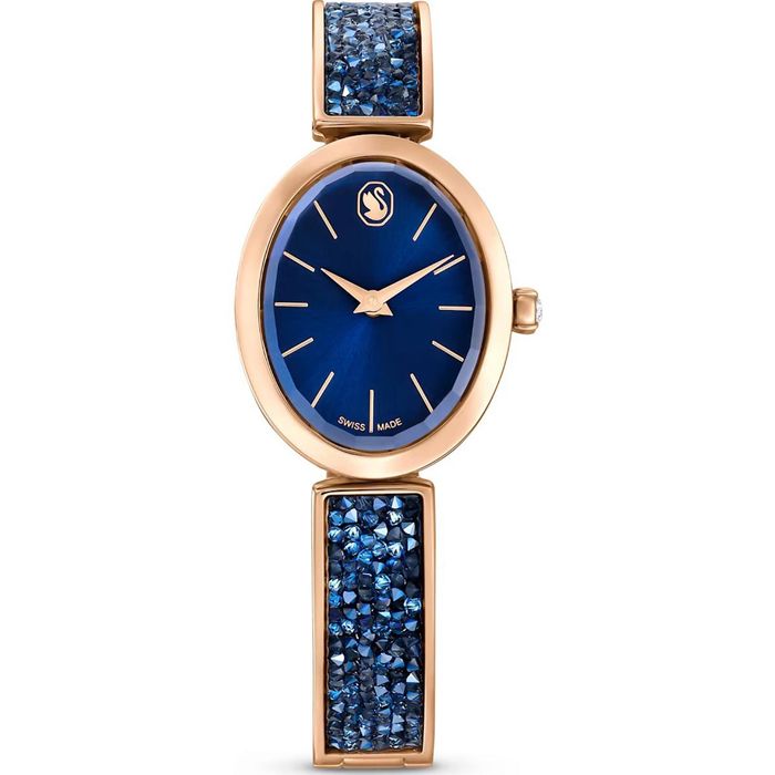 Swarovski Crystal Rock Oval watch, Swiss Made, Metal bracelet, Blue, Rose gold-tone finish