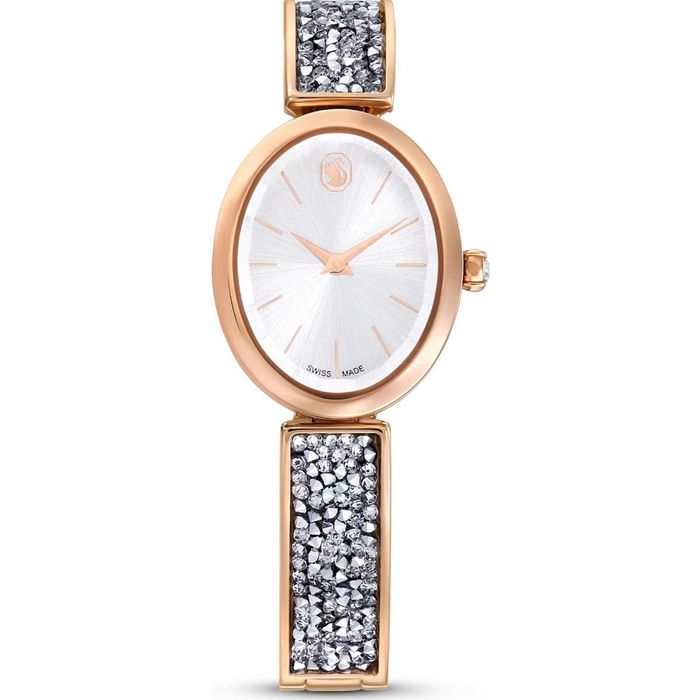 Swarovski Crystal Rock Oval watch, Swiss Made, Metal bracelet, Silver tone, Rose gold-tone finish