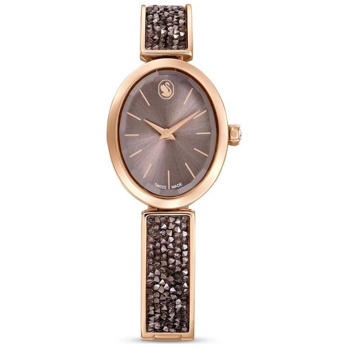 Swarovski Crystal Rock Oval watch, Swiss Made, Metal bracelet, Black, Rose gold-tone finish