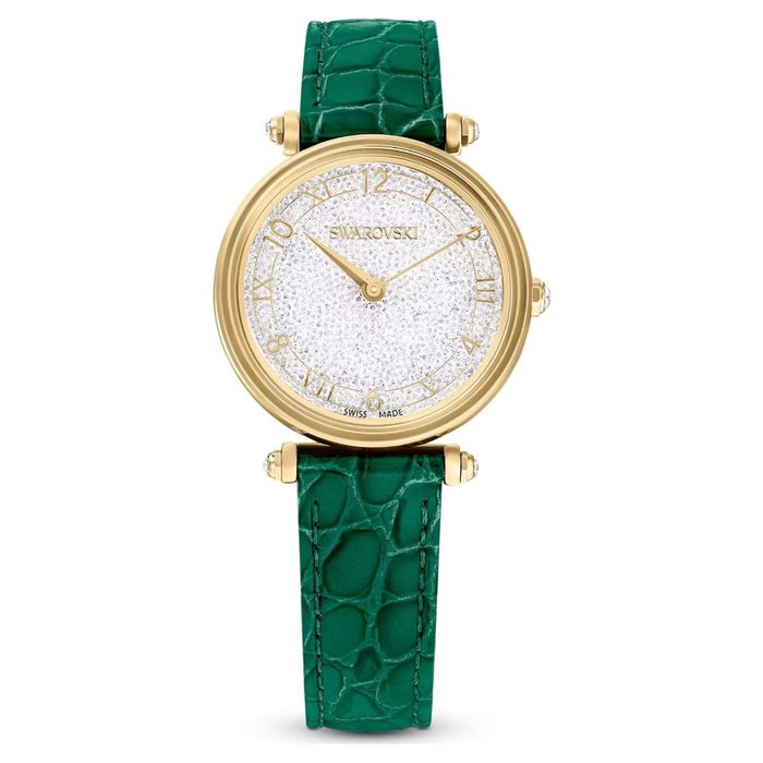 Swarovski Crystalline Wonder watch, Swiss Made, Leather strap, Green, Gold-tone finish