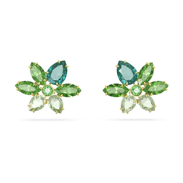 Swarovski Gema stud earrings, Mixed cuts, Flower, Green, Gold-tone plated