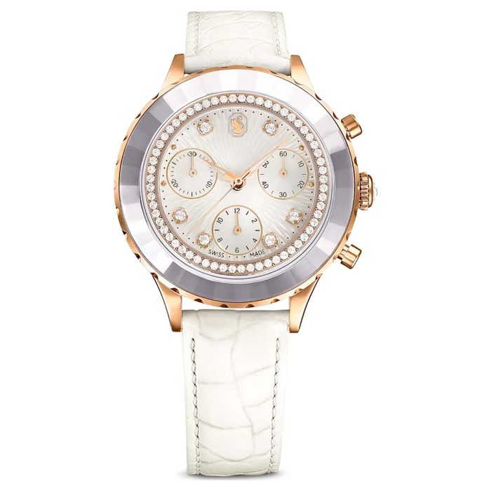 Swarovski Octea Chrono watch, Swiss Made, Leather strap, White, Rose gold-tone finish