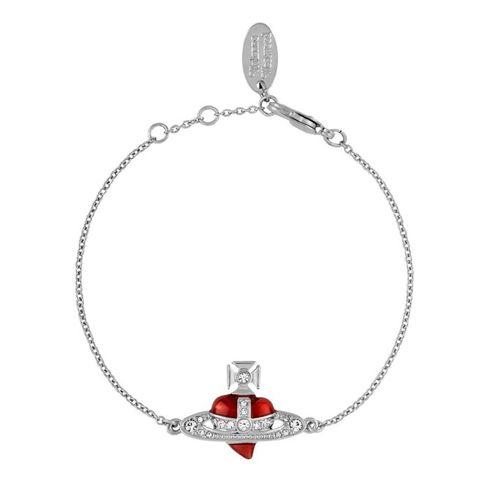 Vivienne Westwood Diamante Heart Pink Enamel Bracelet, Platinum Plated