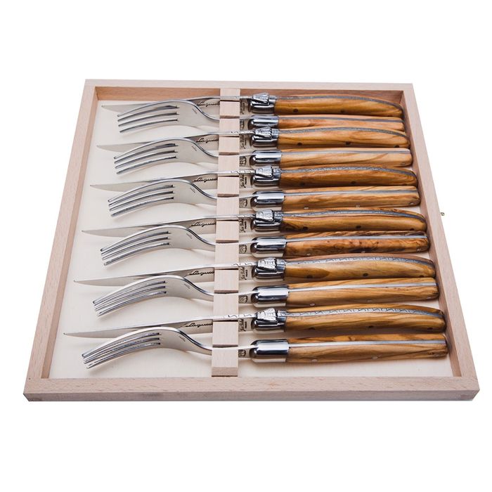 Claude Dozorme Laguiole Steak Knives & Forks Olive Wood 12 Piece Set
